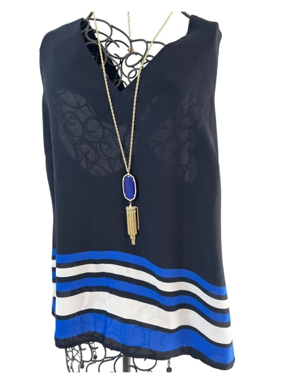 Banana Republic Blue/White Sleeveless V-Neck Top W/Stripes Size 14